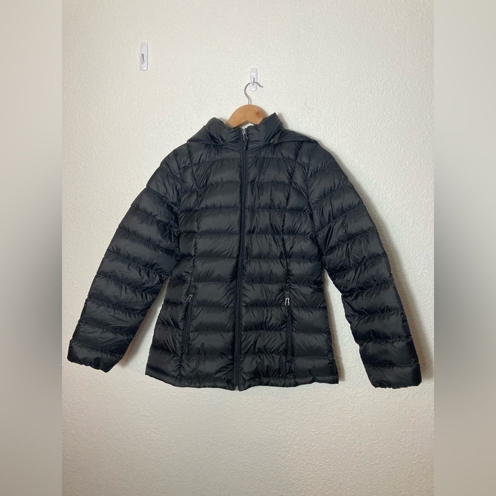 Charter club Medium down filled hooded puffer coat black zipper pockets